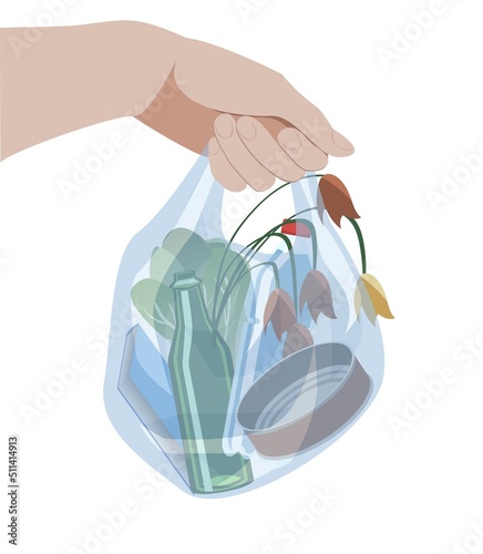 Hand holding a plastic bag with rubbish, isolated on white background