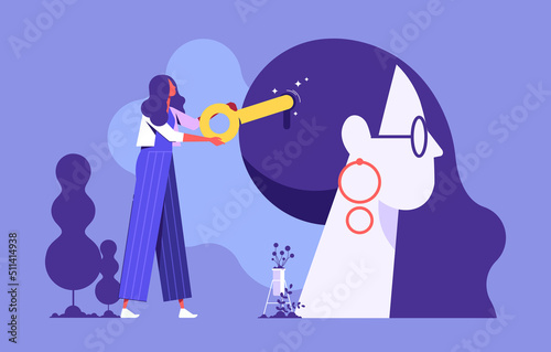 Woman holding a key unlocking businesswoman mind, unlock and Read minds, opening mind conceptual