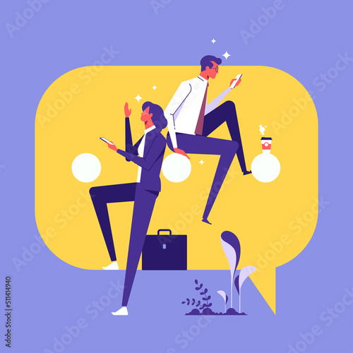 Woman and man sitting on speech bubble sign. Discussion of business people. businessmen discuss social network, news, chat, dialogue speech bubbles. Vector illustration in flat style