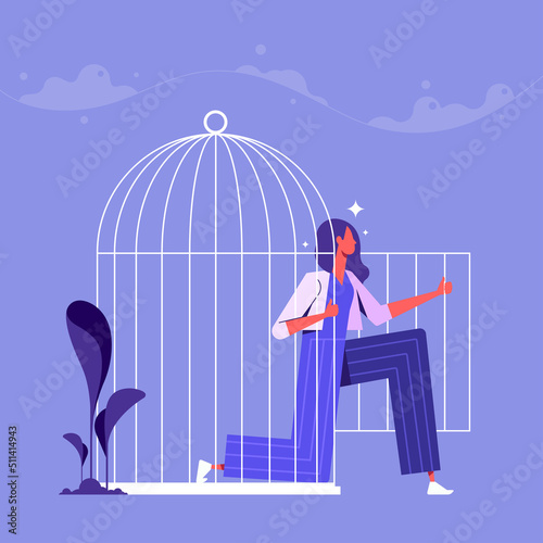 Psychology vector concepWoman opening cage to become free and escape from mental problems. Freedom and liberation, releasing from anxiety and fear, psychology concept. Flat vector illustration