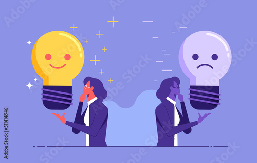 Businesswoman with positive and negative vibes around, mindset to success in work, Positive and negative thinking vector concept