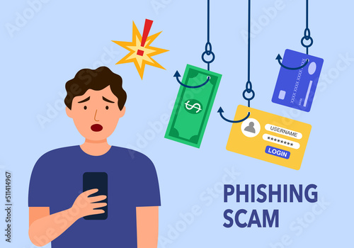 Credit card online payment scam concept. Internet hacker stealing money, user account from smartphone mobile app. Man panic after money stolen via internet.