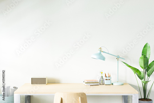 Workspace home office desk supplies on office workplace. 3D rendering.