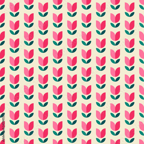 Minimal retro geometric tulip and leaf seamless pattern background.