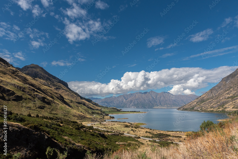 Elevated view of the north-western arm of Lake Hawea from The Neck between Lake Hawea and Lake Wanaka. Otago, South Island, New Zealand.