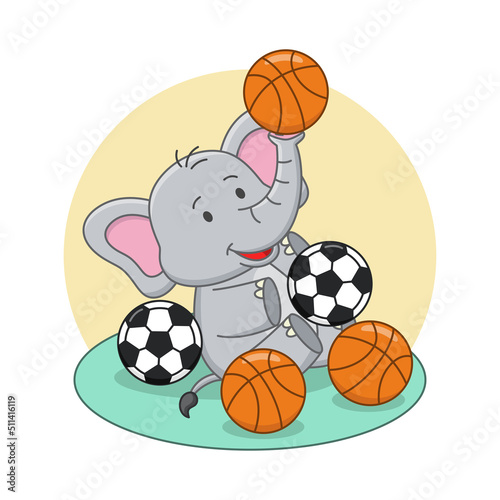 Cartoon illustration of cute elephant playing ball
