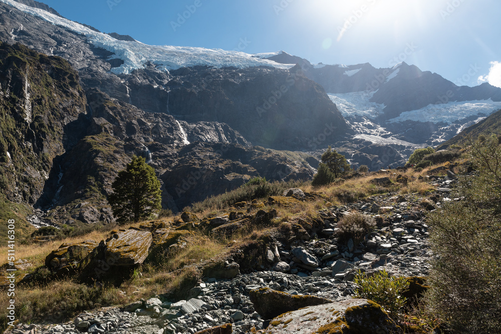 The Rob Roy Glacier on a bright, sunny, summer's day. Mount Aspiring National Park, Otago, South Island, New Zealand.