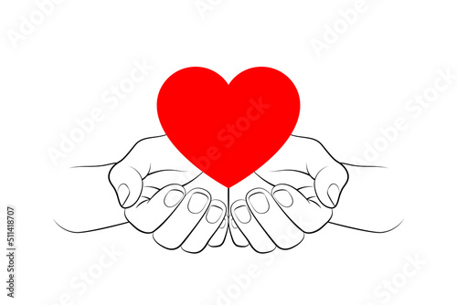 Red heart symbol over outlines of open palms, love and charity concept