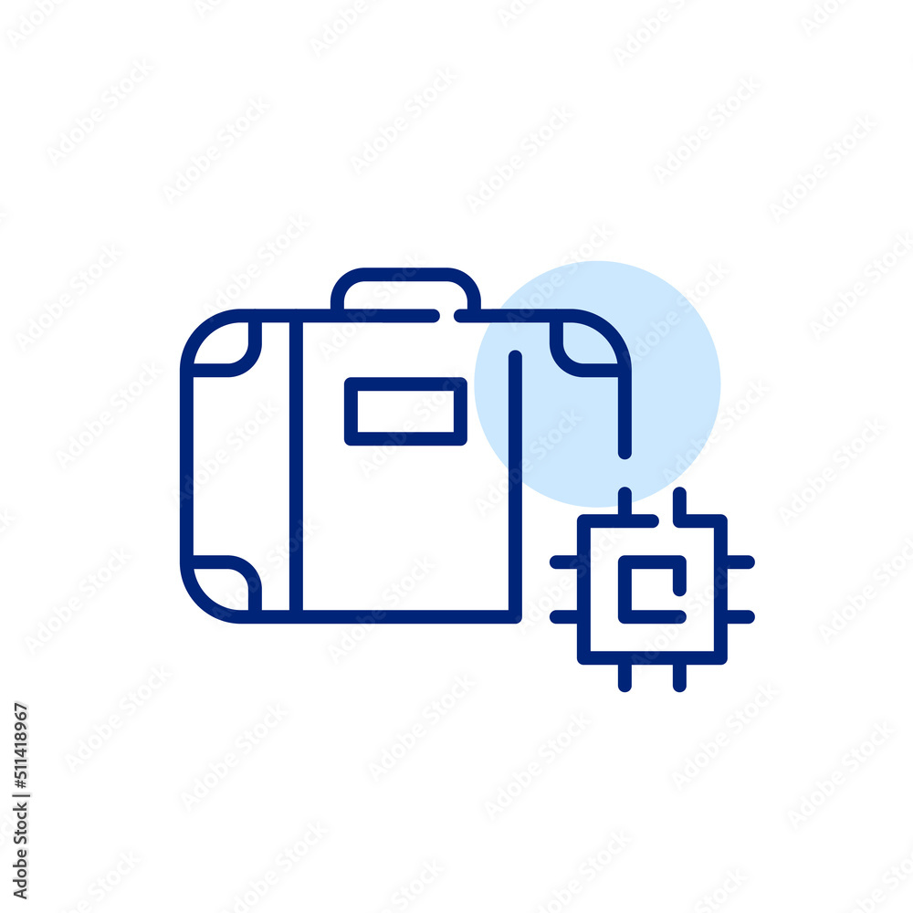 Smart luggage. Suitcase with a CPU chip. Pixel perfect, editable stroke line art icon Smart luggage. Suitcase with a CPU chip. Pixel perfect, editable stroke line art icon