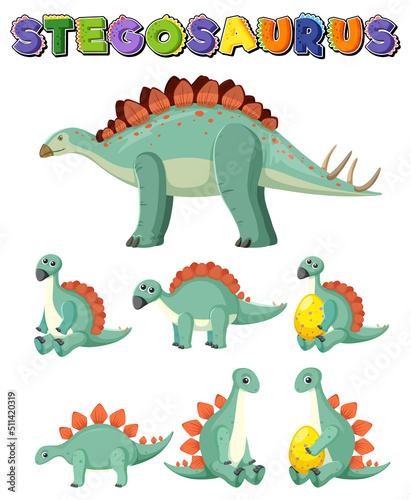 Set of cute stegosaurus dinosaur cartoon characters