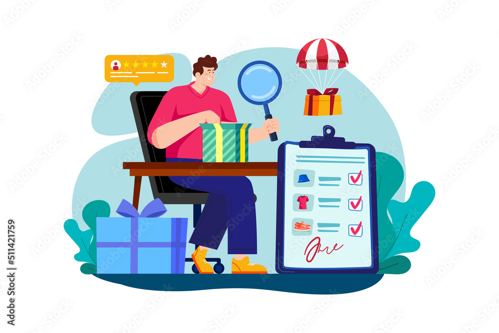 Man unpacking post-delivery with a magnifying glass Man unpacking post-delivery with a magnifying glass