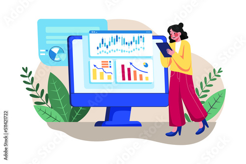 Girl investing in stocks Illustration concept. Flat illustration isolated on white background.