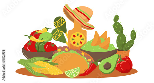 Fototapeta Naklejka Na Ścianę i Meble -  vector illustration in a flat style on the theme of Mexican cuisine. mexican food - tacos, nachos, guacamole