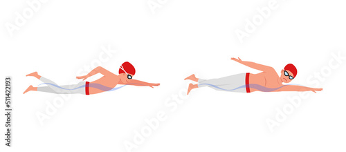 Set of Male swimmer character vector design. Presentation in various action with emotions, running, standing and walking.