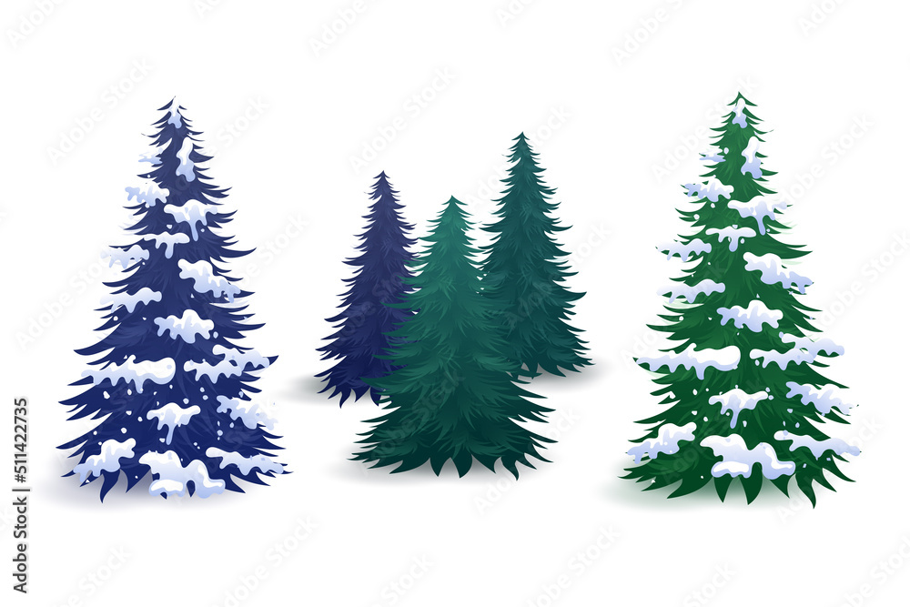 Pine trees with and without snow vector elements with various color