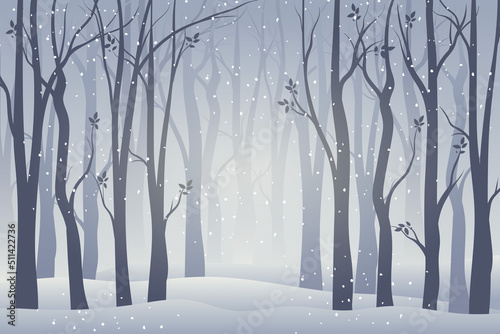 Snowy Winter forest with trees without leaves and hazy backgrounds