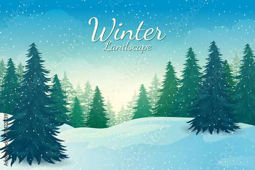 Beautiful Winter sunrise landscape with pine forest, mountains and snowfall