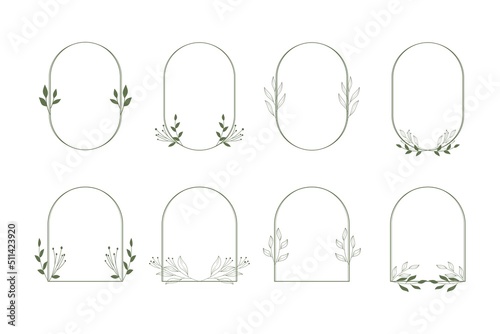 Set of Circle leaf frame. Minimalist rounded circle frame border leaf ornament for background, wedding invitation, thank you card, logo, greeting card