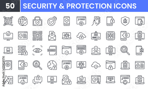 Security and Protection vector line icon set. Contains linear outline icons like Computer Network Security, Cyber Security, Firewall, Shield, Password, Internet, Phishing. Editable use and stroke.