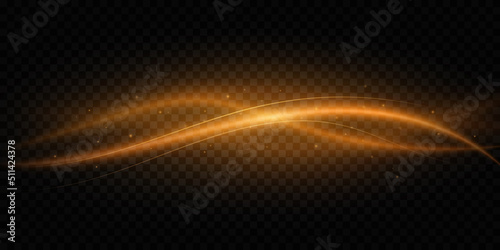Abstract light trail of glowing waves with magical dust isolated on dark transparent background. Vector illustration