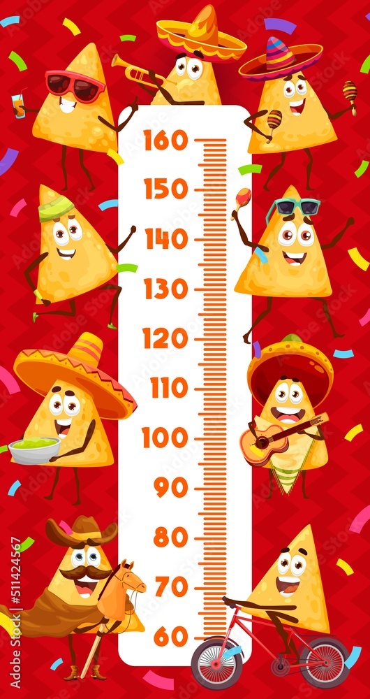 Fototapeta premium Funny mexican nachos chips characters kids height chart. Measure ruler of children growing vector wall sticker with cartoon corn tortilla nachos, sombrero hats, maracas, guitars and confetti