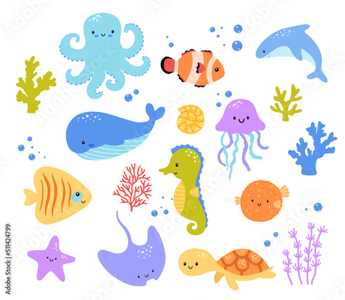 Set of cute cartoon sea animals isolated on white background. Vector whale  fish  octopus and turtle illustrations for kids. Flat childish clipart