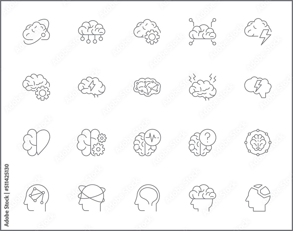 Simple Set of brain Related Vector Line Icons. Contains such Icons as memory, mind, light bulb, brainstorming, human brain, psychology, thinking and more. Simple Set of brain Related Vector Line Icons. Contains such Icons as memory, mind, light bulb, brainstorming, human brain, psychology, thinking and more.