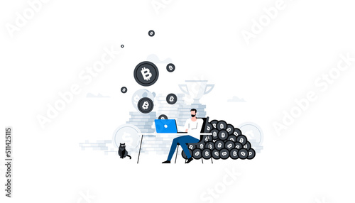 Flat vector illustration. Animation ready duik friendly vector. Conceptual business story. Cryptocurrency exchange, blockchain technology, bitcoin, cryptocurrency mining, digital money market.