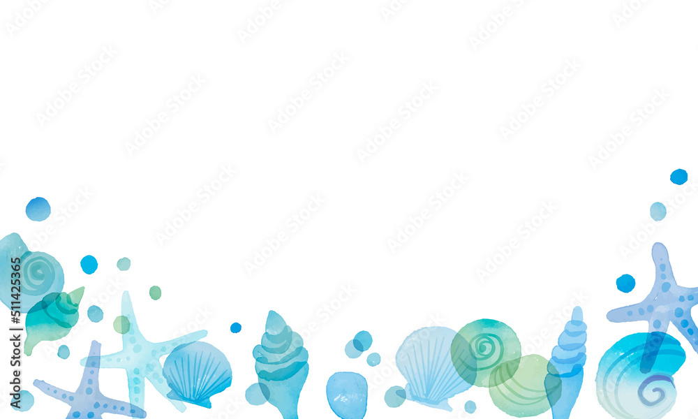 水彩画。水彩タッチの夏の貝殻ベクターフレーム。爽やかブルーの貝殻背景。Watercolor. Summer seashell vector frame with watercolor touch. Fresh blue seashell background.