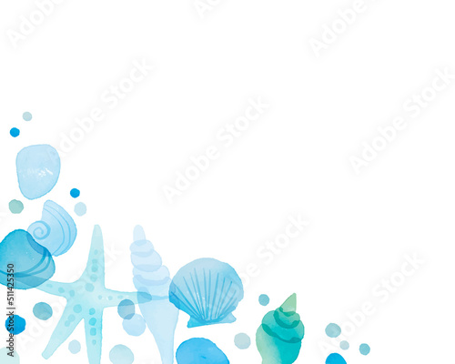 水彩画。水彩タッチの夏の貝殻ベクターフレーム。爽やかブルーの貝殻背景。Watercolor. Summer seashell vector frame with watercolor touch. Fresh blue seashell background.
