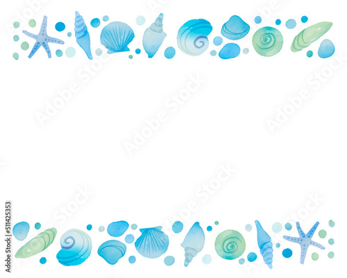水彩画。水彩タッチの夏の貝殻ベクターフレーム。爽やかブルーの貝殻背景。Watercolor. Summer seashell vector frame with watercolor touch. Fresh blue seashell background.
