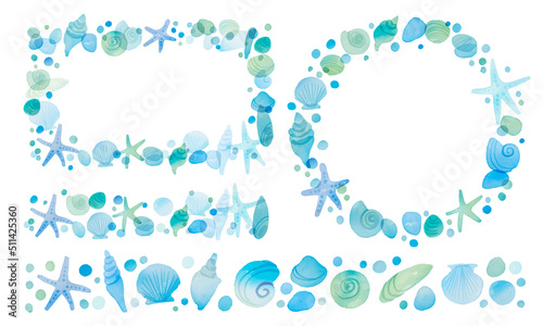 水彩画。水彩タッチの夏の貝殻ベクターフレーム。爽やかブルーの貝殻背景。Watercolor. Summer seashell vector frame with watercolor touch. Fresh blue seashell background.