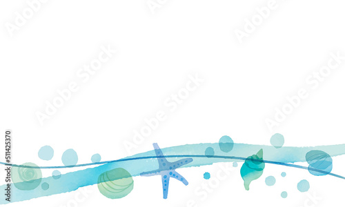 水彩画。水彩タッチの夏の貝殻ベクターフレーム。爽やかブルーの貝殻背景。Watercolor. Summer seashell vector frame with watercolor touch. Fresh blue seashell background.