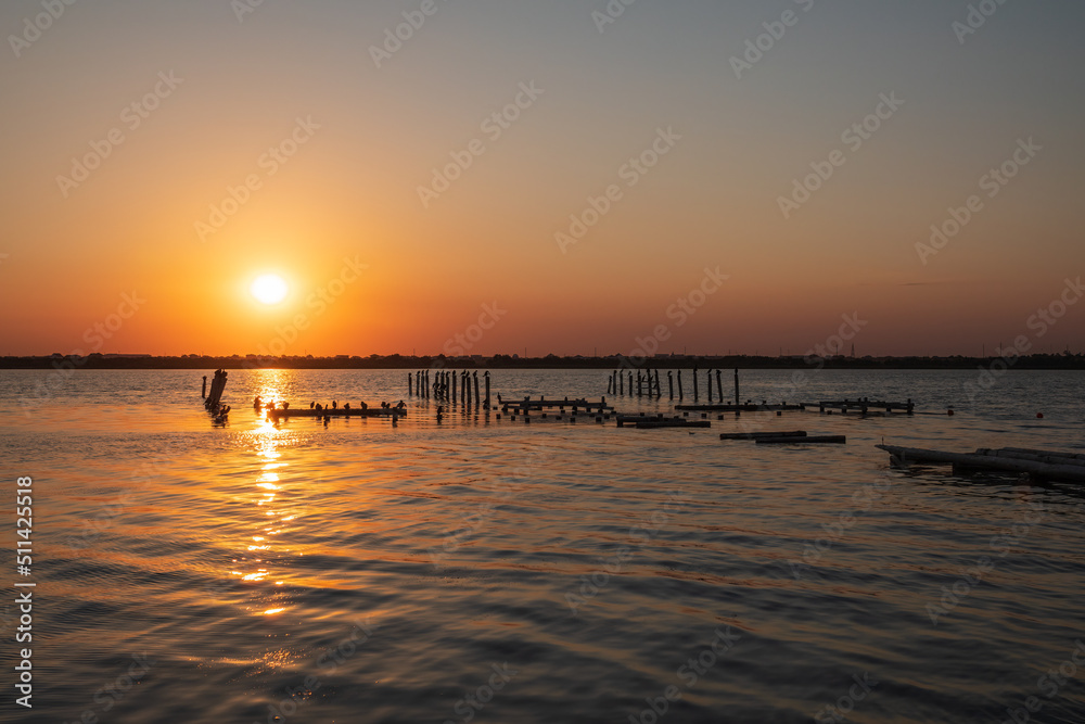 Beautiful red and orange sunset over the sea. The sun goes down over the sea. A flock of cormorants sits on a old sea pier in orange sunset light