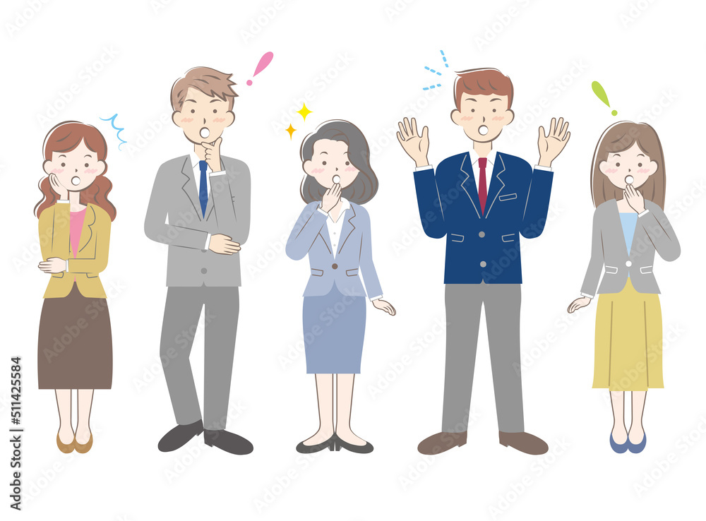驚いているスーツ姿の人々　全身　複数