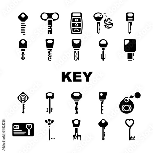 Key For Open And Close Padlock Icons Set Vector. Vintage And Modern Electronic Key With Fingerprint Scanner System, Car And House, Standard English And Ancient Style Color Illustrations