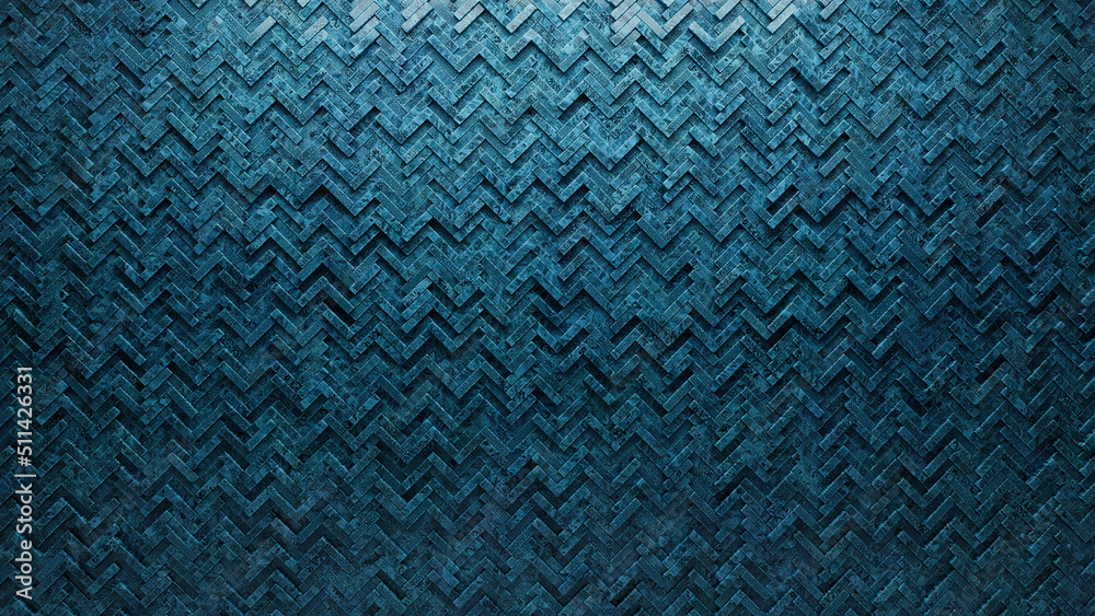 3D, Polished Wall background with tiles. Herringbone, tile Wallpaper with Textured, Blue Patina