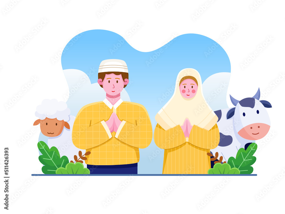 A Muslim Couple Greeting Happy Eid Al Adha with cow and sheep in the back Cute Cartoon Illustration.
Suitable for greeting card, infographic, poster, banner, web, print, etc. A Muslim Couple Greeting Happy Eid Al Adha with cow and sheep in the back Cute Cartoon Illustration.
Suitable for greeting card, infographic, poster, banner, web, print, etc.