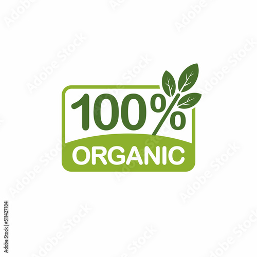 100 percent organic product label. Organic food logo, stamp, badge, icon, emblem, sticker, natural, eco, for use in the organic food industries product. Vector illustration