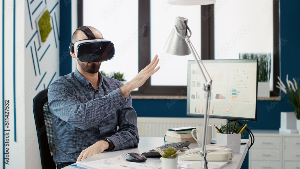 Sales consultant working with vr goggles for business growth, using ...