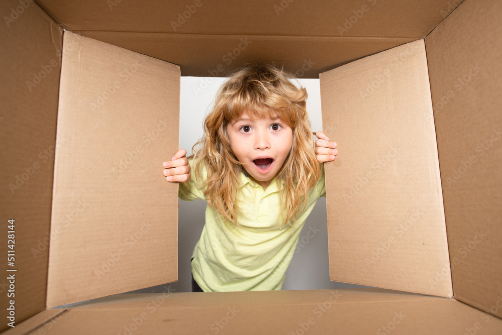 Happy little child boy is opening gift and looking inside cardboard box. Child boy looking surprised into a gift. Happy little child boy is opening gift and looking inside cardboard box. Child boy looking surprised into a gift.