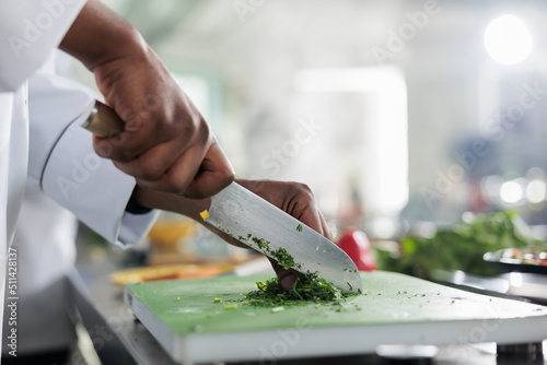 Принти на полотні Close up of african american hands using professional knife to chop finely fresh organic herbs and vegetables for stew recipe