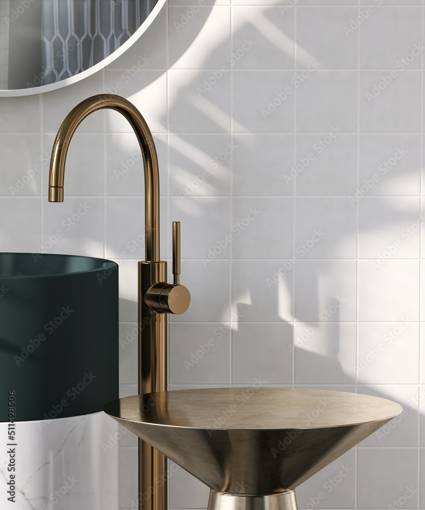 Realistic 3D render modern stylish stand alone teal green ceramic wash basin with white marble based, stainless steel brass faucet, Blank empty golden designed size table for product display. Space. - obrazy, fototapety, plakaty 