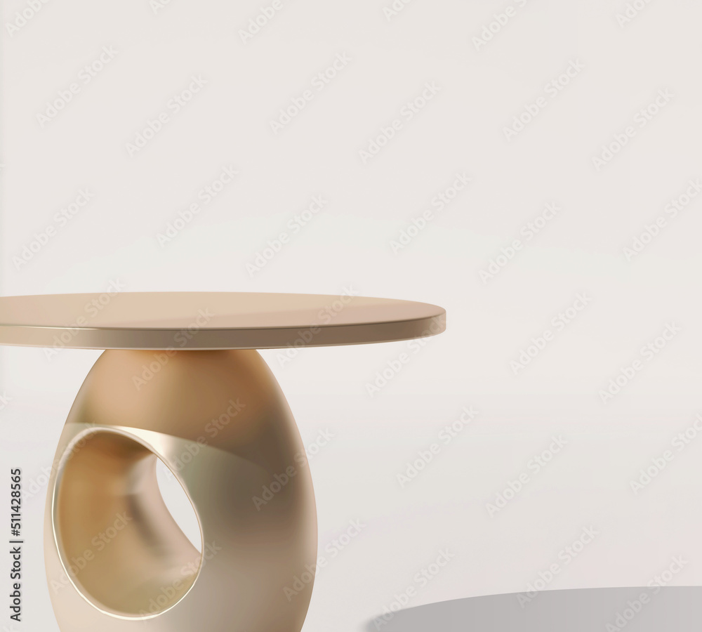 Realistic 3D render empty stylish golden round table on beige blank wall background with beautiful morning sunlight and shadow on the floor. Space, Mockup, Beauty, Products display, Luxury, Premium.