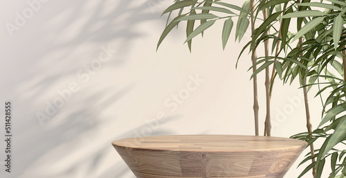 3D render background for natural beauty health products overlay display template. Blank empty oak wood table with green bamboo plants, Beige wall. Podium, Stand, Presentation, Backdrop, Chinese, Zen