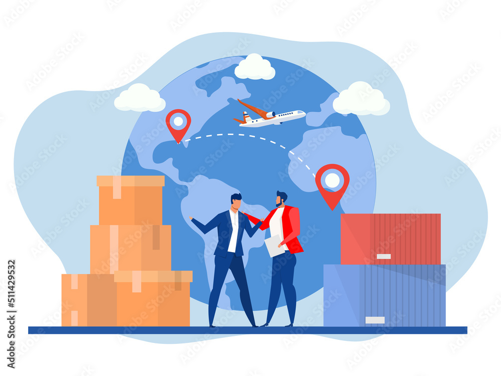 businessman shake hands, metaphor for logistics and business meetings Delivery logistics service for tiny businessman flat vector illustration.  website design or landing web page - obrazy, fototapety, plakaty 