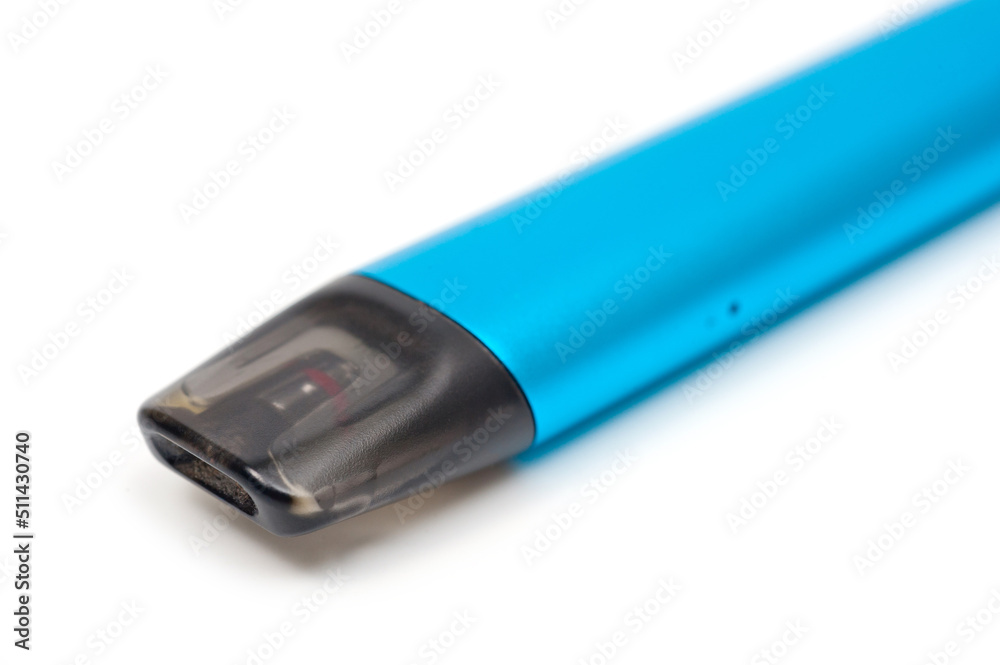 A reusable electronic cigarette with a replaceable cartridge in a blue body, photographed against a white background.