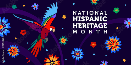 Vector web banner. Hispanic heritage month. Poster, card for social media, networks. Greeting with national Hispanic heritage month text on floral pattern background. Multicoloured parakeet, parrot.