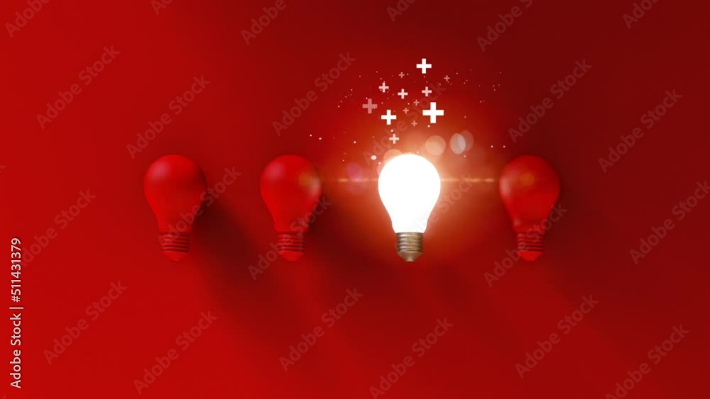 Light bulbs on red background. Positive idea thinking concept. 3D Illustration.