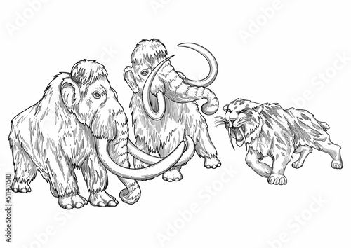 Graphic art of a prehistoric saber-toothed cat growling on a two frightened mammoths.